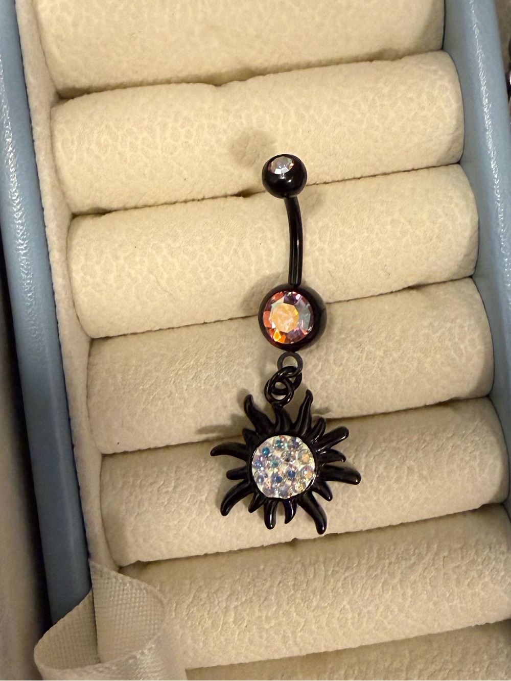 Black Sunburst Belly Button Ring with Iridescent Crystals